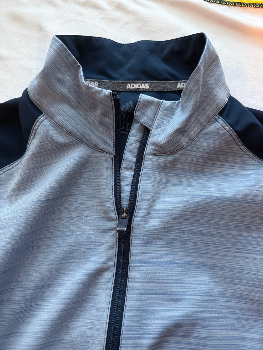 Adidas Full Zip Track Jacket Grey Navy Colorblock Mock Neck Zip Pockets Elastic